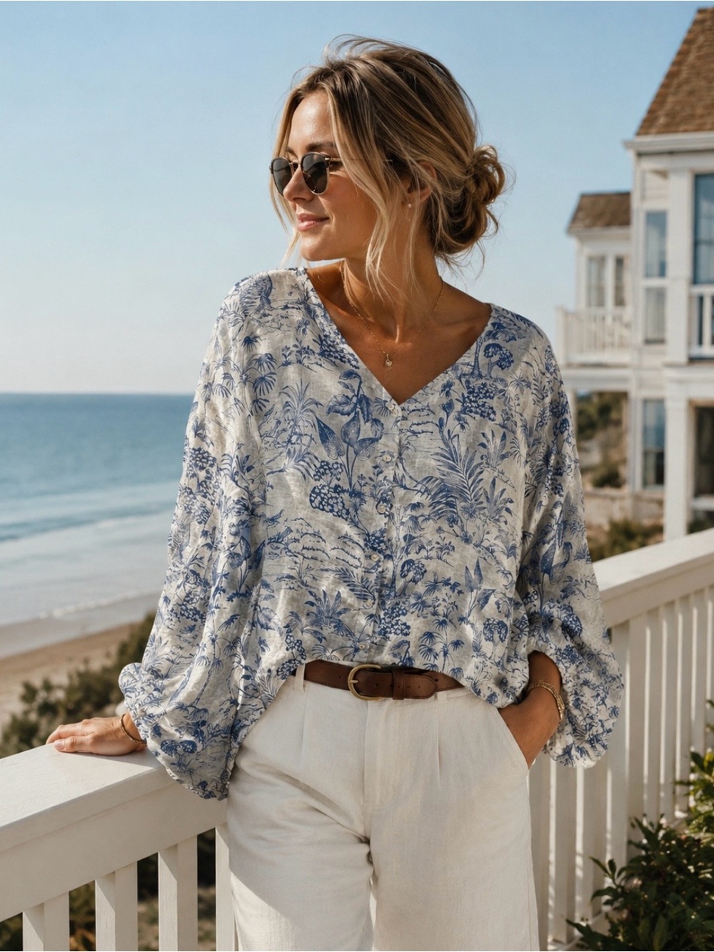Joie Cream and Blue 100% Linen Floral V-Neck Cottagecore Blouse 3x